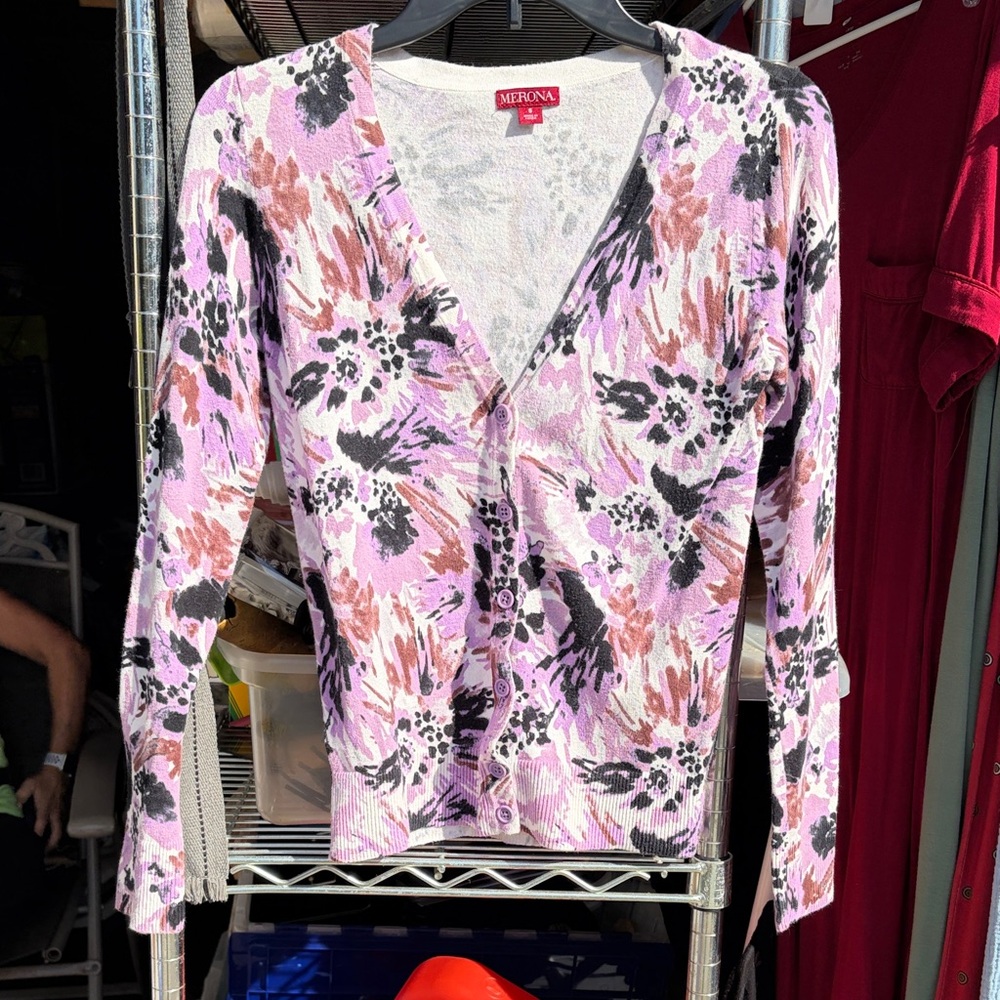 Merona Women's Button Down Shirt - Pink, Black, and Brown Floral
